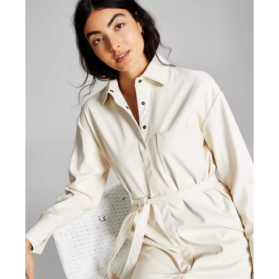 Brand new โญ And Now This ๐ฉ Women's Belted Faux-Leather ๐ Shirtdress Cream ๐ฅ - Image 3