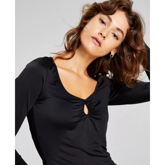 New ๐ And Now This ๐ฉ Women's Square-Neck Long-Sleeve Keyhole Top White โค๏ธ - Image 4