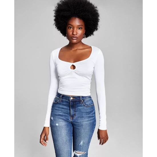 New ๐ And Now This ๐ฉ Women's Square-Neck Long-Sleeve Keyhole Top White โค๏ธ - Image 5