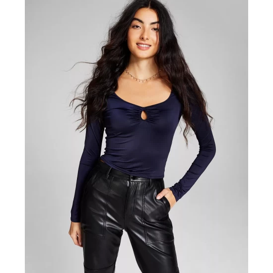 New ๐ And Now This ๐ฉ Women's Square-Neck Long-Sleeve Keyhole Top White โค๏ธ - Image 6