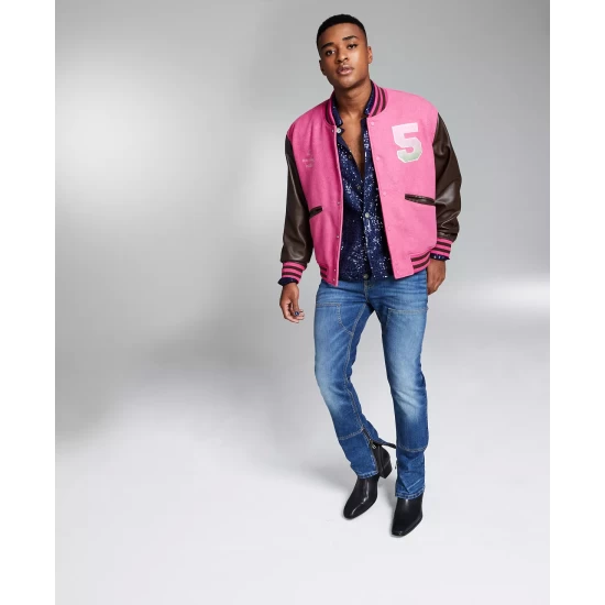 New ❤️ And Now This 5:31 By JÉRÔME LAMAAR Men's Colorblocked Varsity Jacket Created For Macy's Bright Pink Ros 🥰 - Image 4