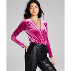 Cheap 😉 And Now This 👩 Women's Velvet Long-Sleeve Surplice Bodysuit Black 🔔