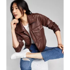 Promo 😉 And Now This 👩 Women's Cropped Faux-Leather Shacket Chocolate Brown 💯