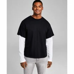 Discount βοΈ And Now This Men's Oversized-Fit Layered Contrast Long-Sleeve T-Shirt Black π