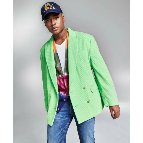 Deals π And Now This 5:31 By JΓRΓME LAMAAR Men's Corded Double-Breasted Blazer Created For Macy's Green Pop π₯
