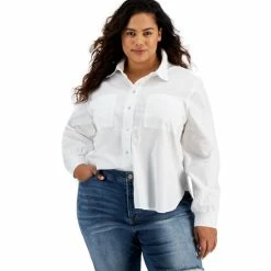 Coupon 👏 And Now This Trendy Plus Size Cotton Poplin 👕 Shirt White ⌛